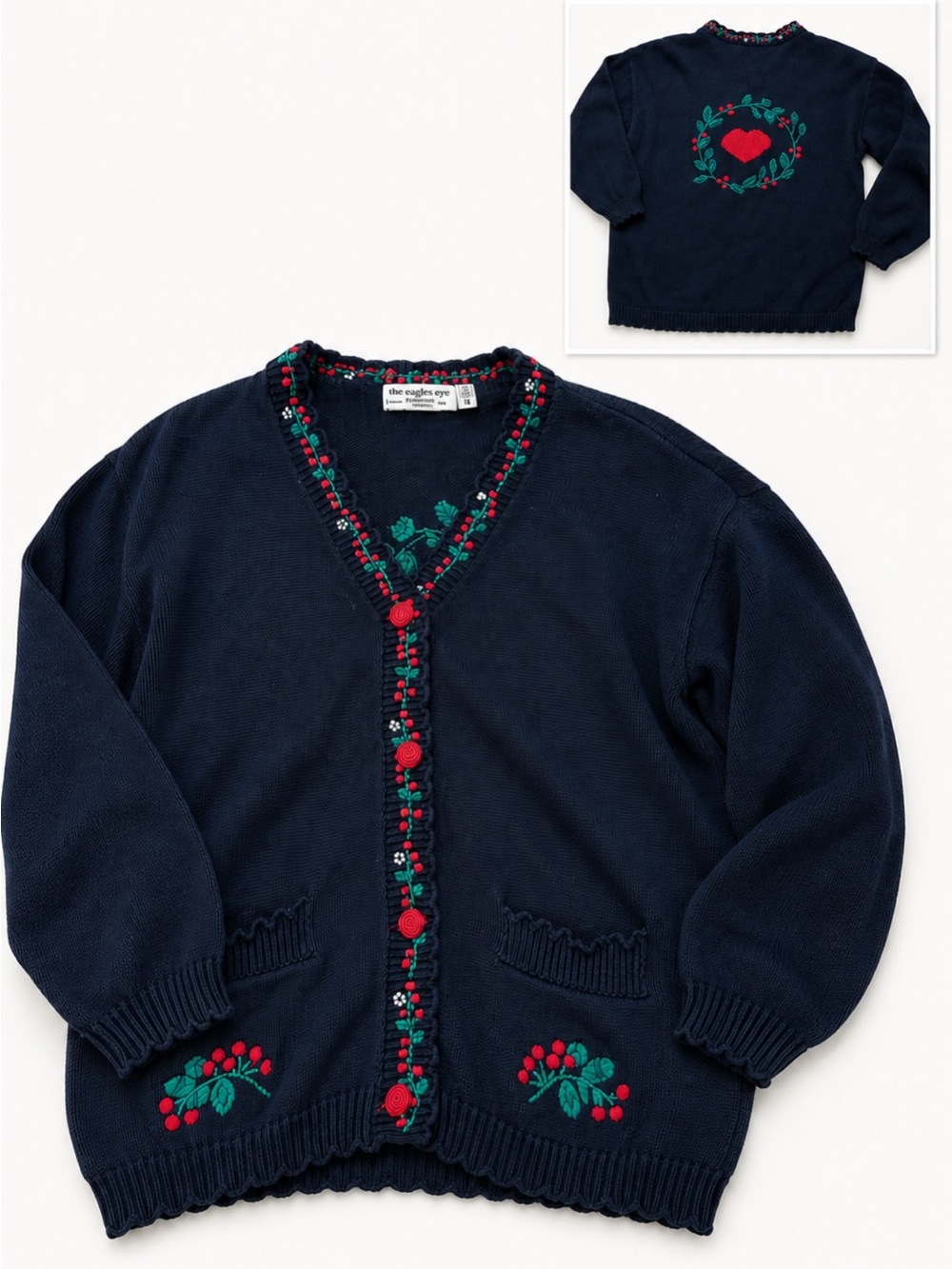Vintage 90s Embroidered Heart Cardigan Sweater Navy Blue Cottagecore Knit Medium